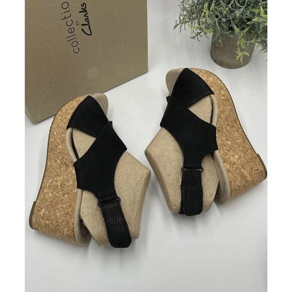 Clarks Women's Annadel Parker Black Suede Cork Wedge Platform Sandal Sz 7.5M New - Picture 10 of 16
